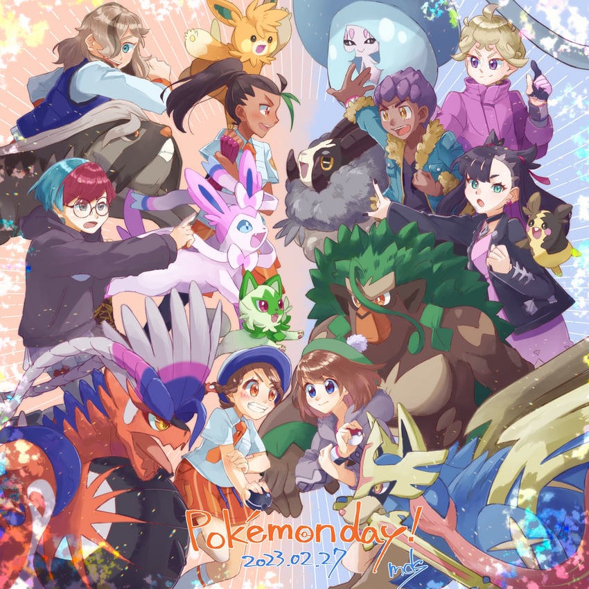 marnie, gloria, juliana, sylveon, morpeko, and 13 more (pokemon and 2 more) drawn by starry-doll
