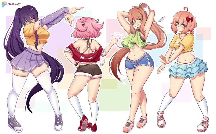 monika, natsuki, yuri, and sayori (doki doki literature club) drawn by raion_(raionart)