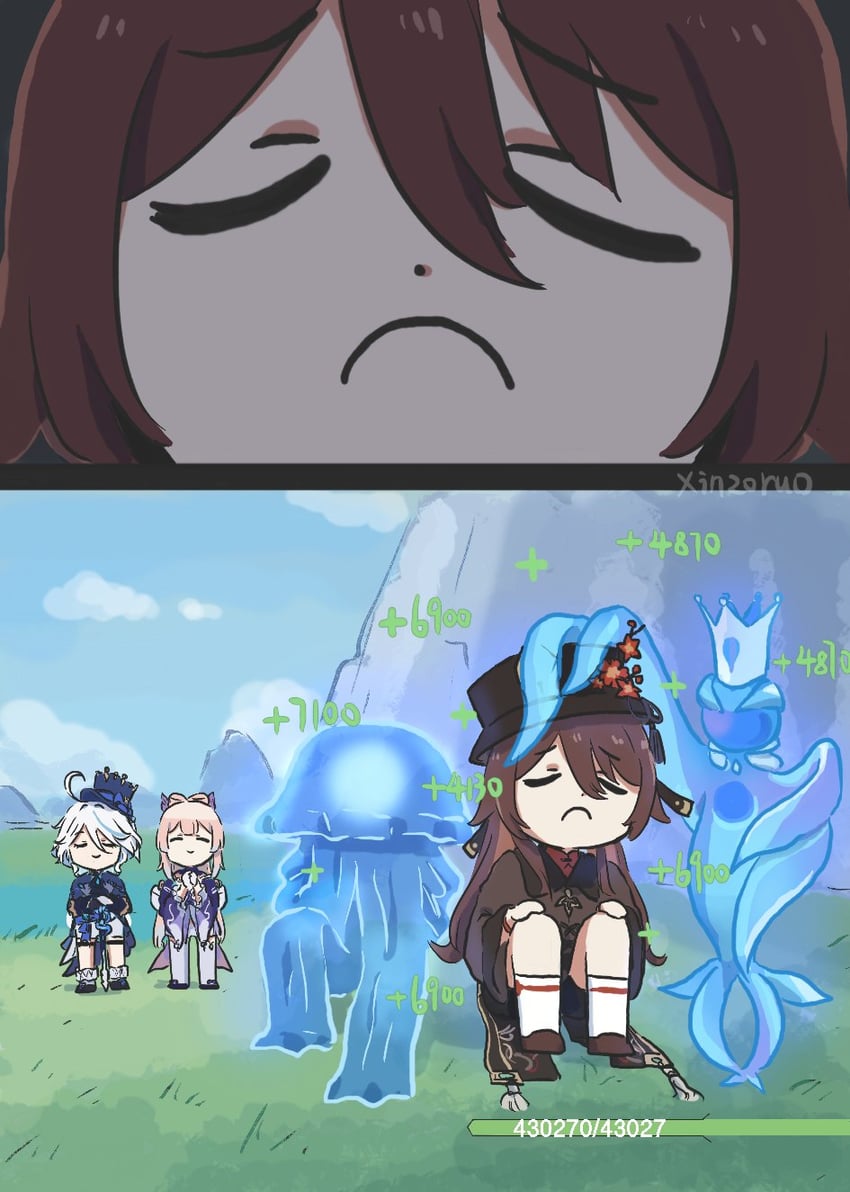 hu tao, furina, sangonomiya kokomi, and singer of many waters (genshin impact) drawn by xinzoruo