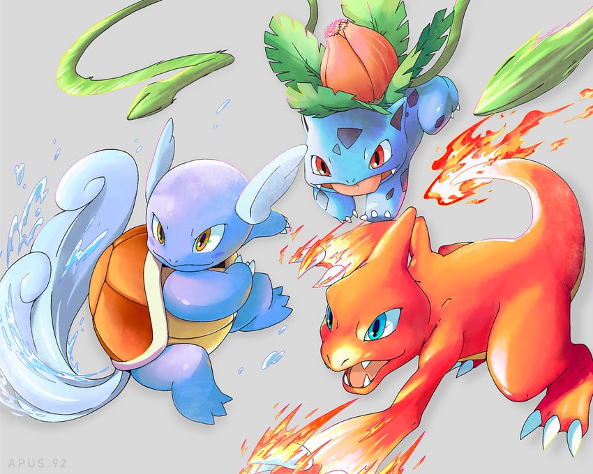 ivysaur, charmeleon, and wartortle (pokemon) drawn by apus_92