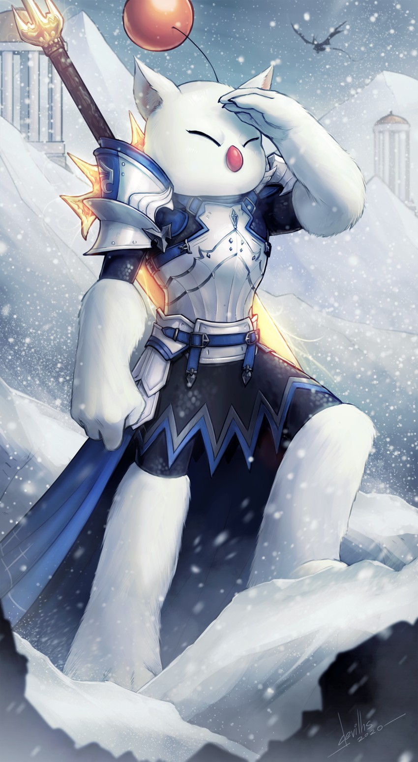 warrior of light, moogle, dark knight, and mogfather (final fantasy and 1 more) drawn by devilhs
