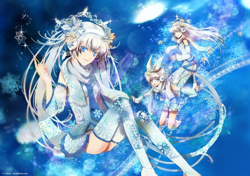 hatsune miku, kagamine rin, megurine luka, yuki miku, yuki rin, and 1 more (vocaloid) drawn by yuu_(arcadia)