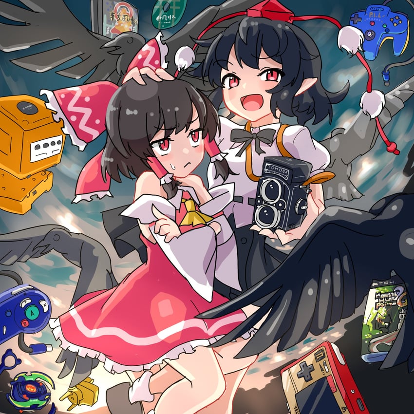 hakurei reimu and shameimaru aya (touhou and 4 more) drawn by kappy745