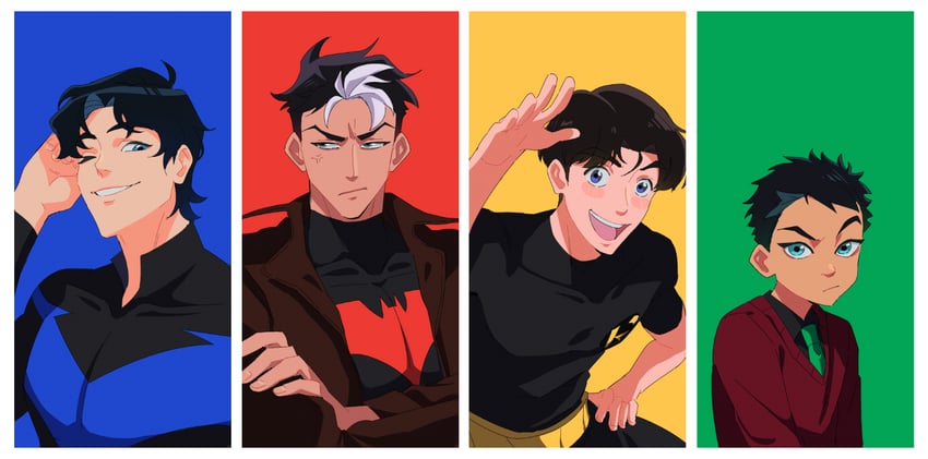 dick grayson, jason todd, nightwing, damian wayne, red hood, and 1 more (dc comics and 1 more) drawn by 38sr
