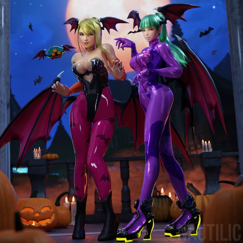 samus aran, morrigan aensland, metroid, and metroid larva (darkstalkers and 1 more) drawn by nautilic