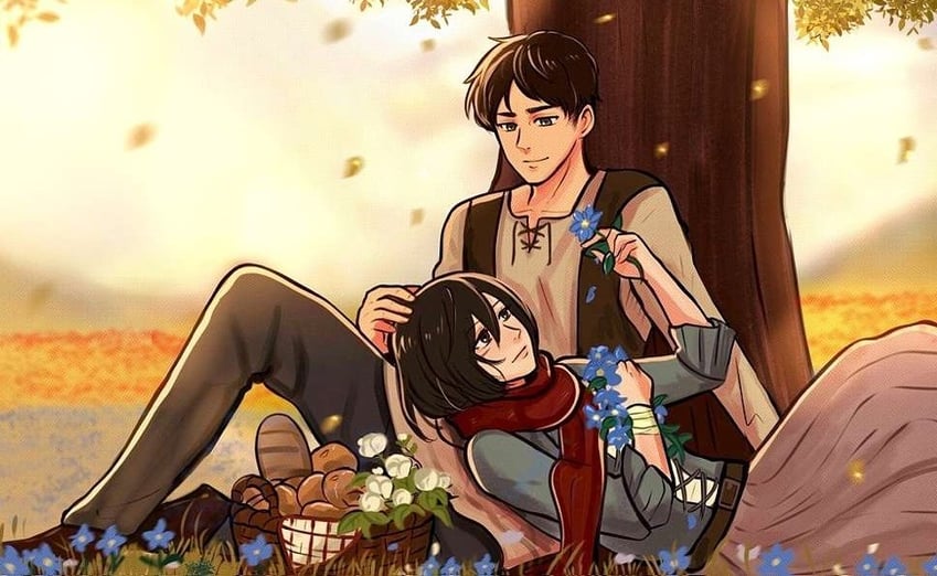 mikasa ackerman and eren yeager (shingeki no kyojin) drawn by hunnymzdraws