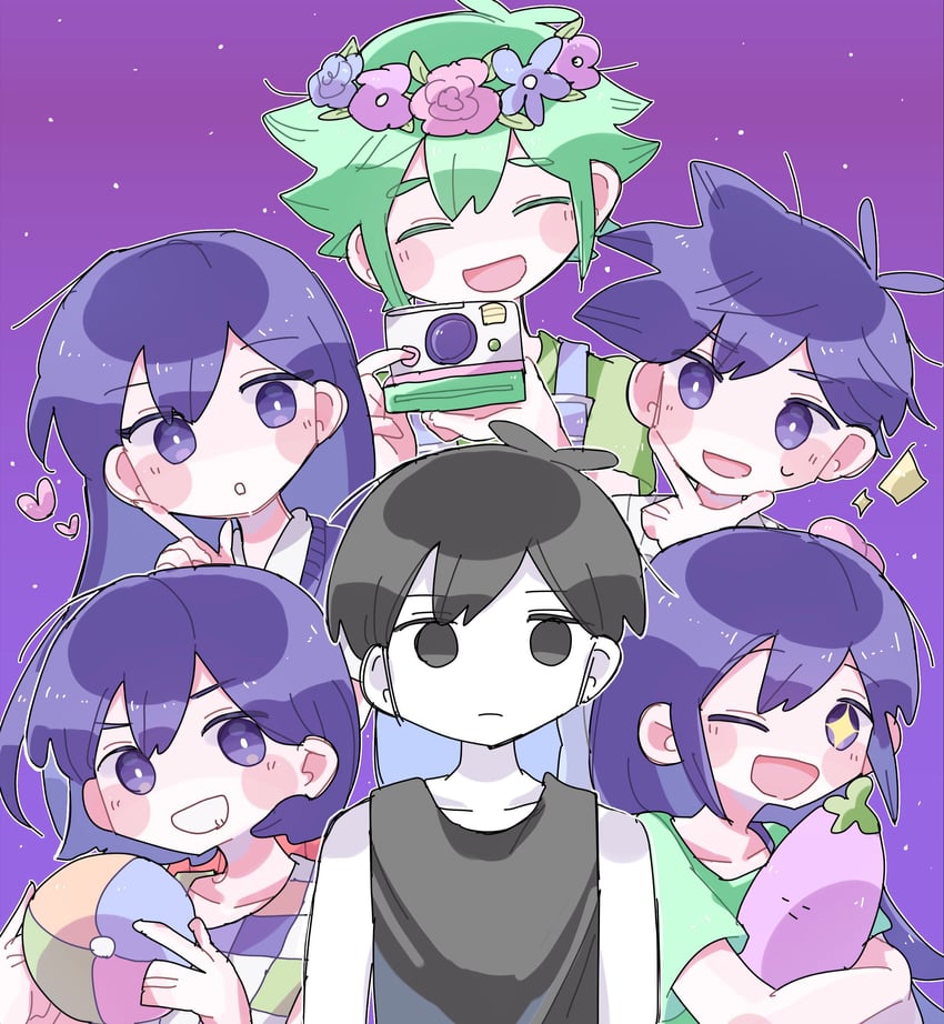 omori, basil, aubrey, mari, kel, and 2 more (omori) drawn by hapipipp