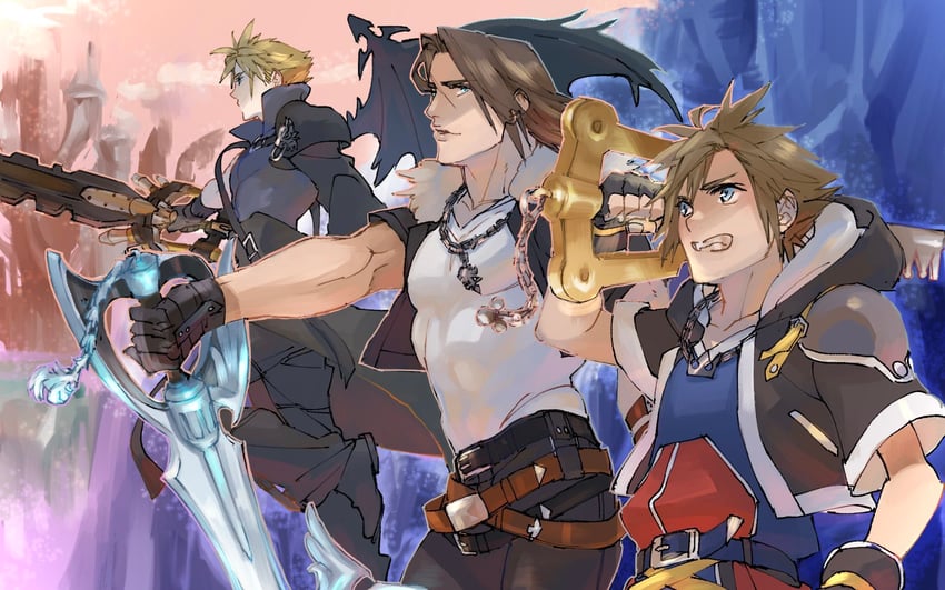 cloud strife, sora, and squall leonhart (final fantasy and 4 more) drawn by ryouto