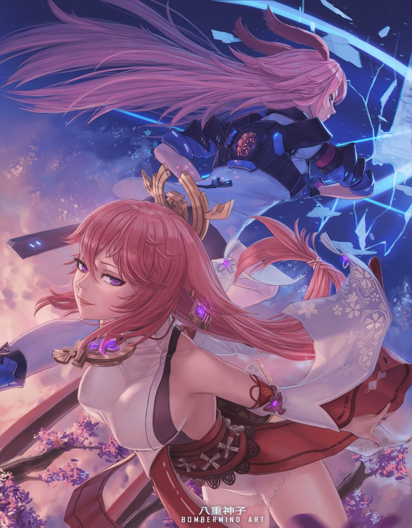 yae miko, yae sakura, and sakura ayane (genshin impact and 3 more) drawn by bombermind