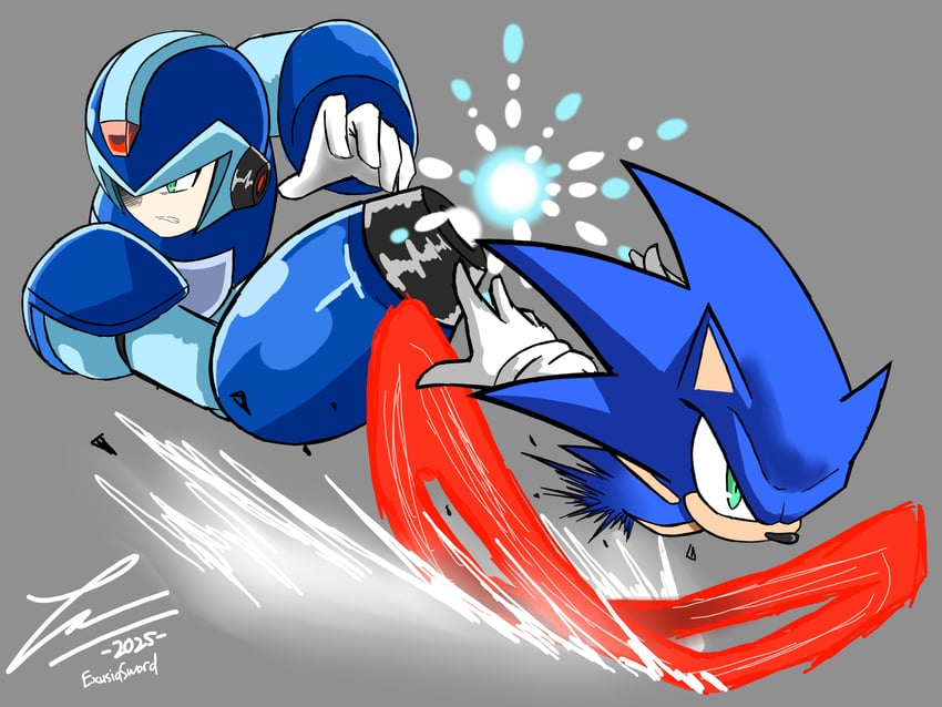sonic the hedgehog and x (mega man and 2 more) drawn by exusiasword