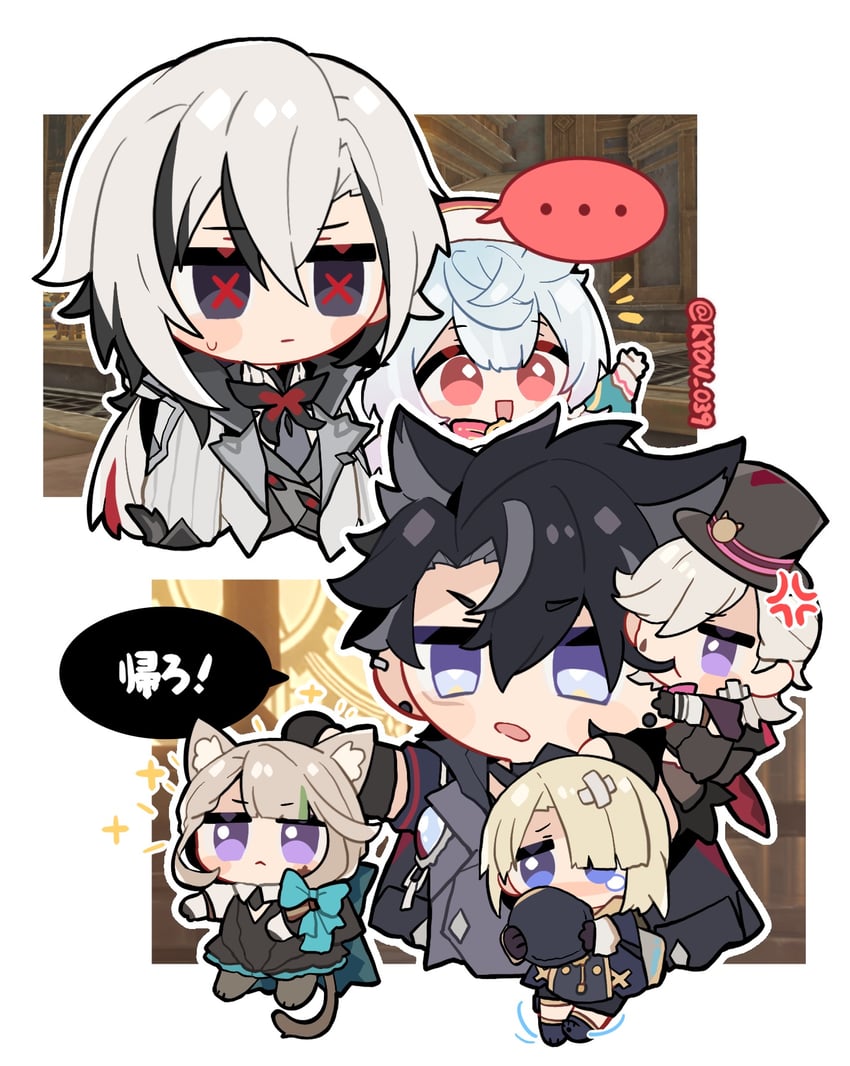 arlecchino, lynette, wriothesley, lyney, sigewinne, and 1 more (genshin impact) drawn by kyou_039