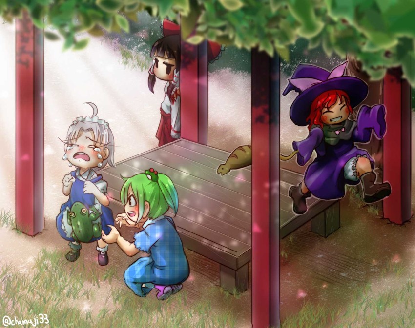 hakurei reimu, kirisame marisa, izayoi sakuya, and kochiya sanae (touhou and 1 more) drawn by chamaji