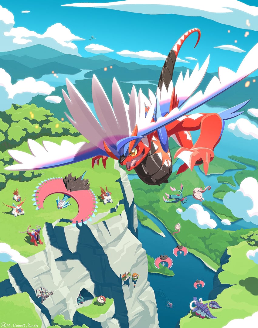koraidon, scream tail, flutter mane, slither wing, walking wake, and 4 more (pokemon) drawn by komepan
