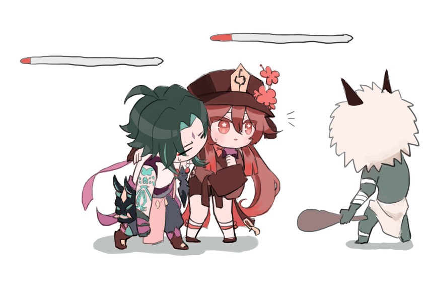 hu tao, xiao, and hilichurl (genshin impact) drawn by finn.