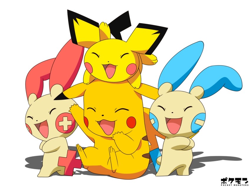 pikachu, pichu, minun, and plusle (pokemon) drawn by rindou_(awoshakushi)