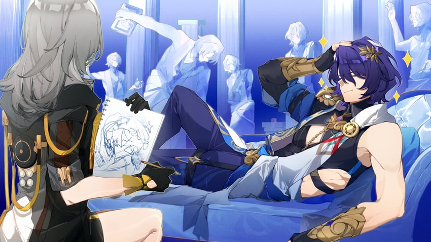 trailblazer, stelle, and dr. ratio (honkai and 1 more) drawn by kradebii