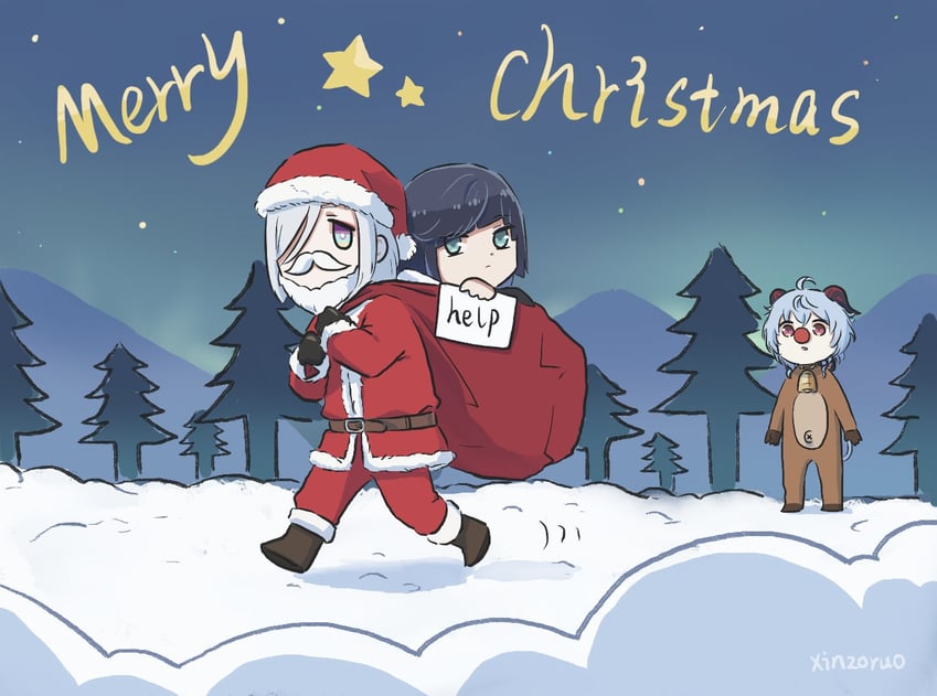ganyu, shenhe, yelan, santa claus, and rudolph the red nosed reindeer (genshin impact) drawn by xinzoruo