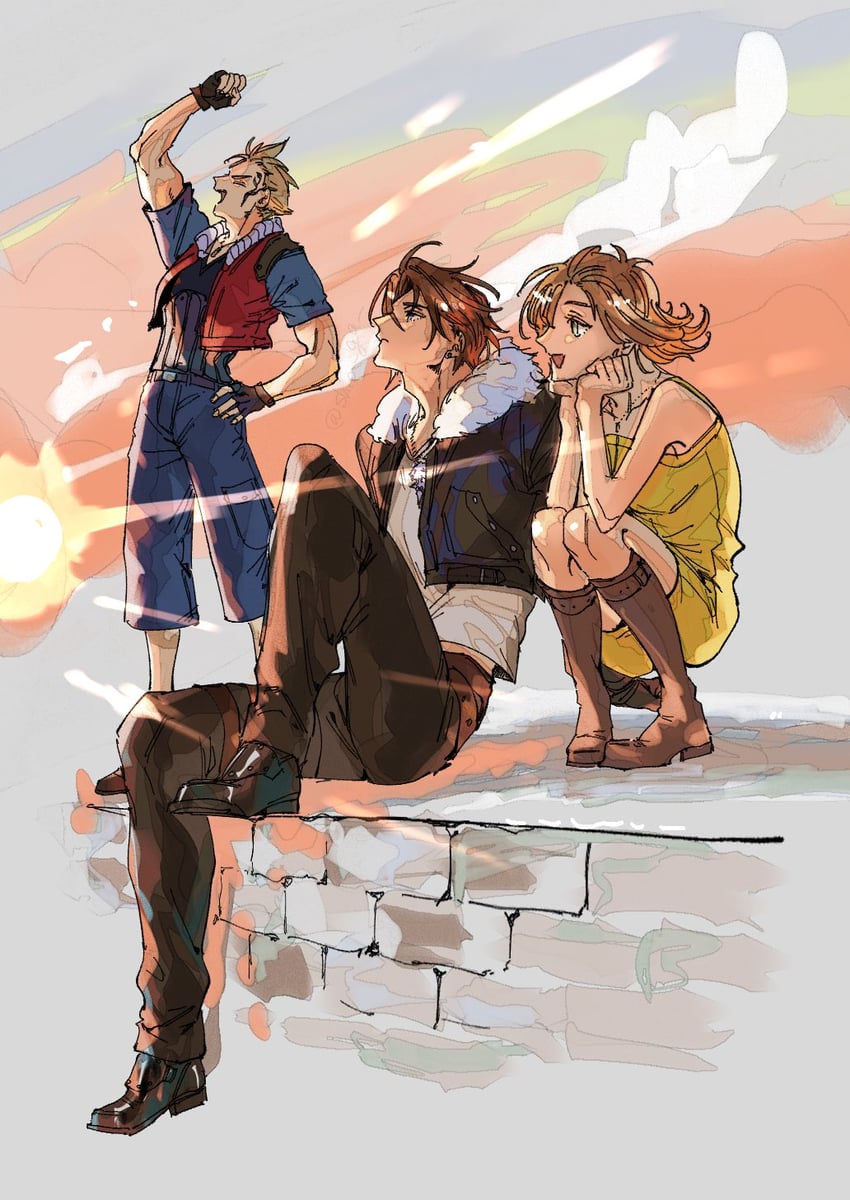squall leonhart, selphie tilmitt, and zell dincht (final fantasy and 1 more) drawn by shio_ga