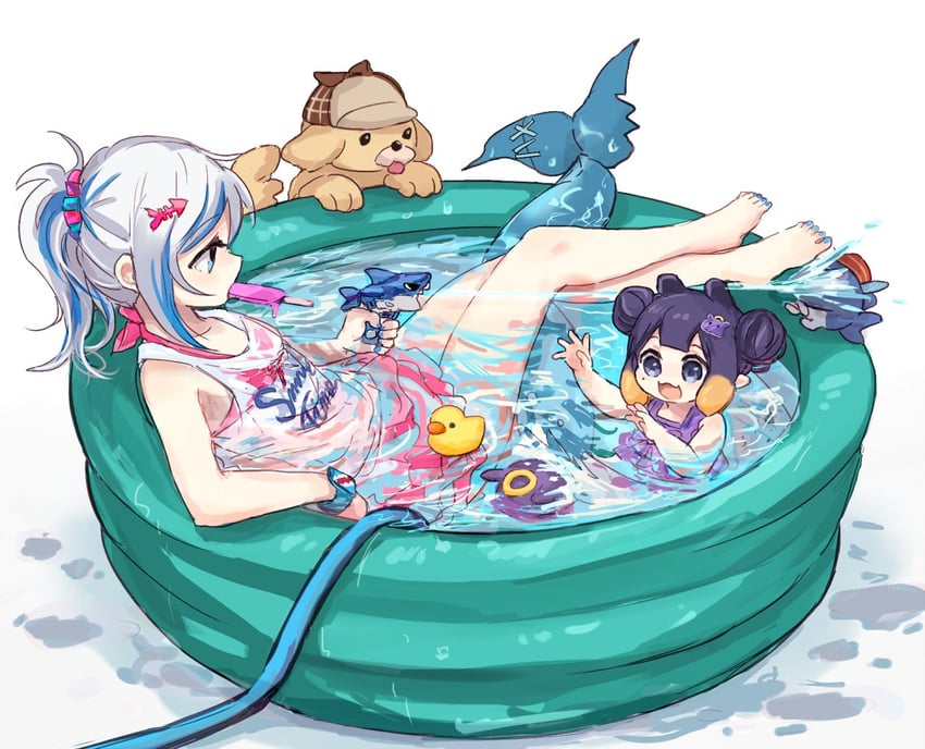 gawr gura, ninomae ina'nis, takodachi, bloop, and bubba (hololive and 1 more) drawn by yuuyu_(777)
