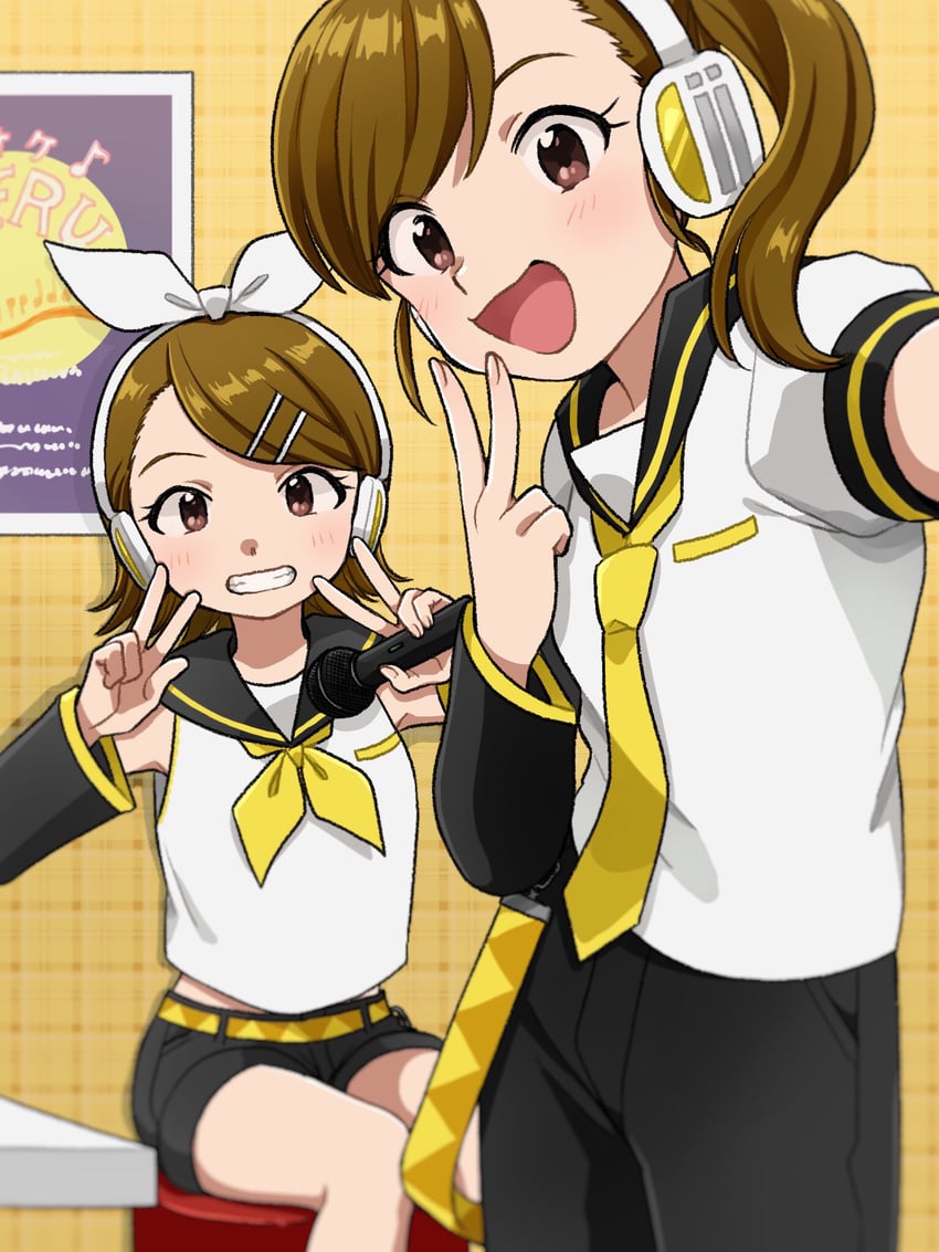 kagamine rin, kagamine len, futami mami, futami ami, and shimoda asami (idolmaster and 1 more) drawn by naruse_ill