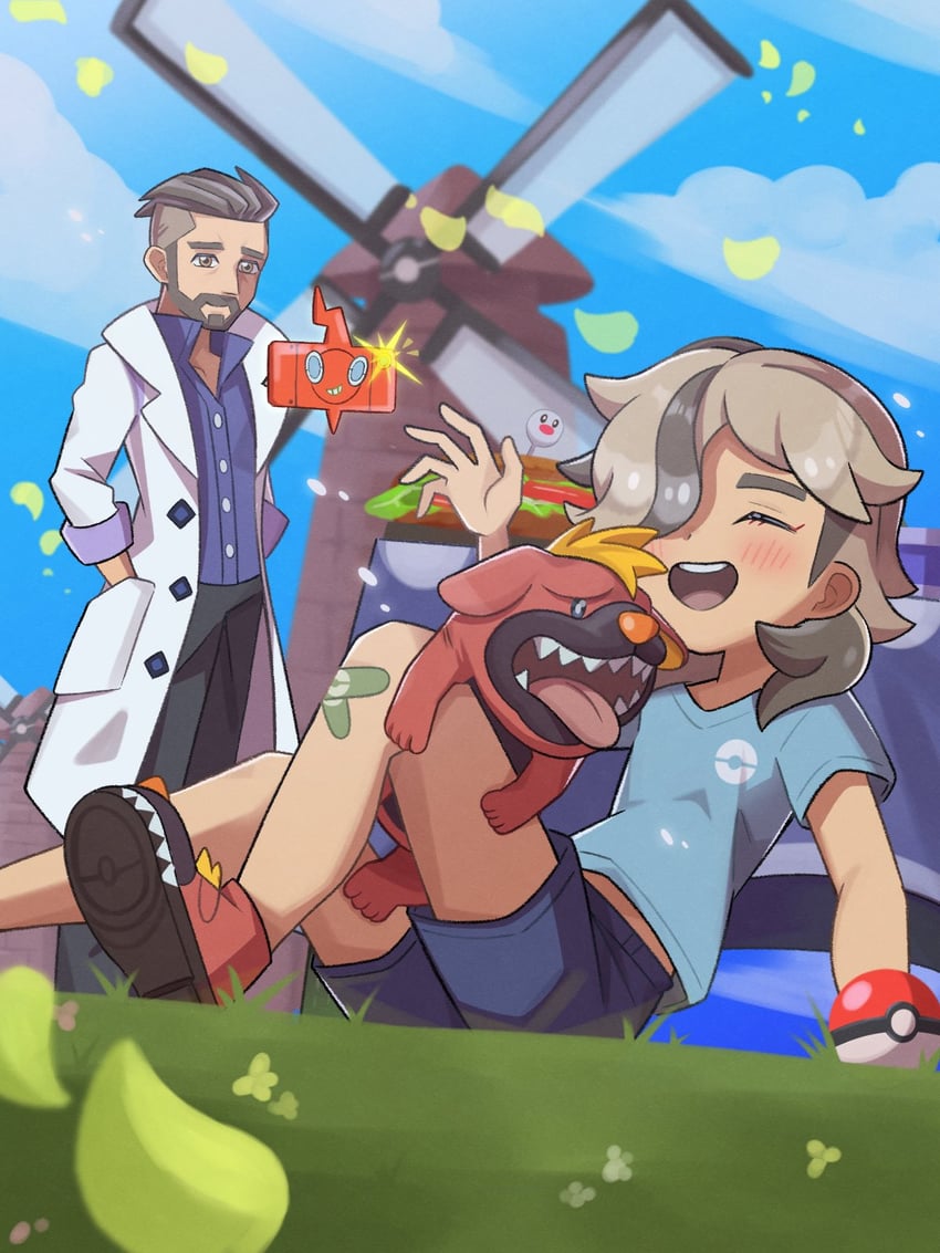 rotom, rotom phone, arven, professor turo, and maschiff (pokemon and 1 more) drawn by inana_umi