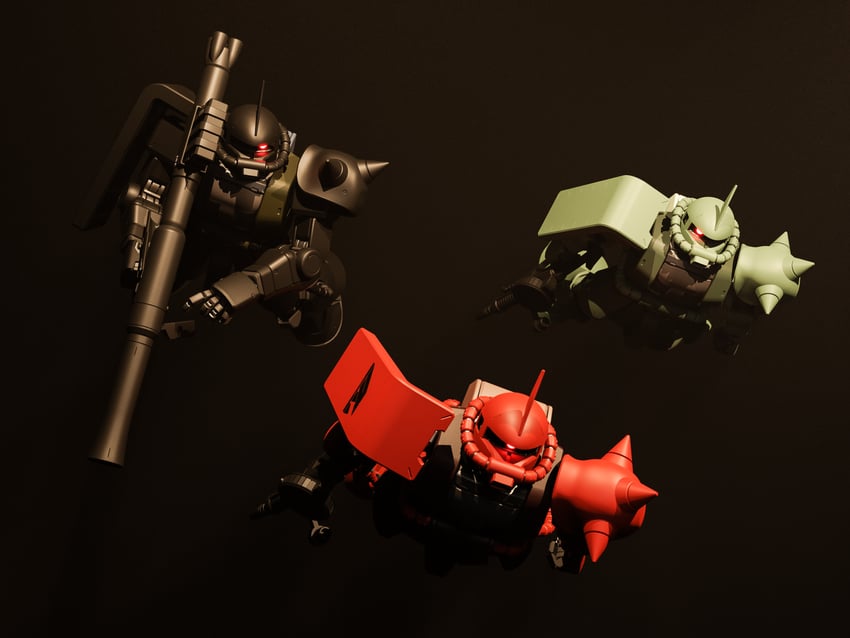 zaku ii, zaku ii s char custom, and zaku ii s (gundam and 1 more) drawn by mjeff
