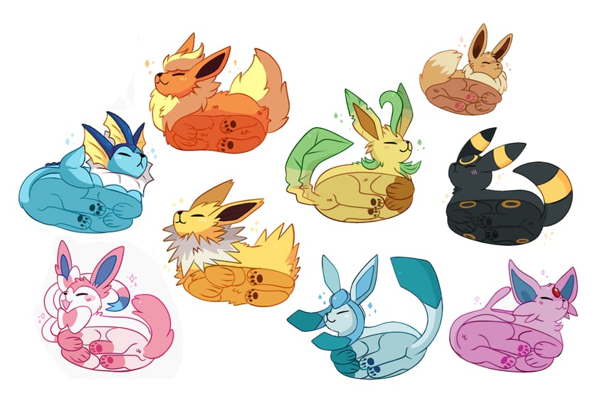 eevee, sylveon, umbreon, glaceon, vaporeon, and 4 more (pokemon) drawn by panicpuppy