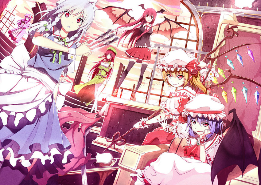remilia scarlet, flandre scarlet, izayoi sakuya, patchouli knowledge, hong meiling, and 1 more (touhou) drawn by riki-to