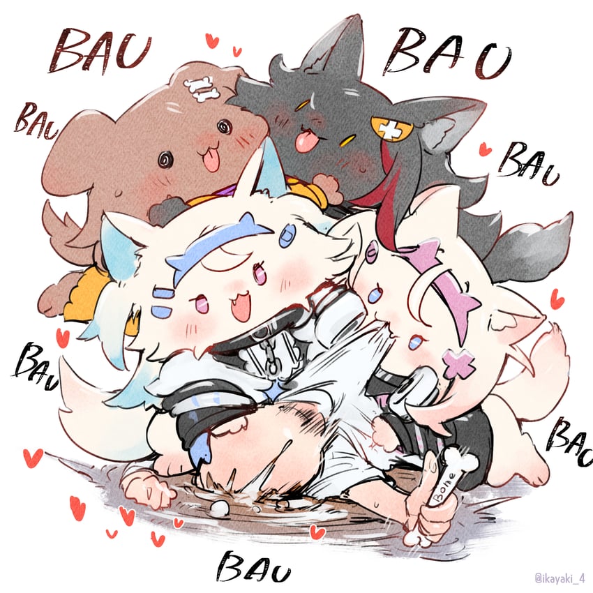ookami mio, inugami korone, fuwawa abyssgard, and mococo abyssgard (hololive and 1 more) drawn by ikayaki_(ikayaki4)