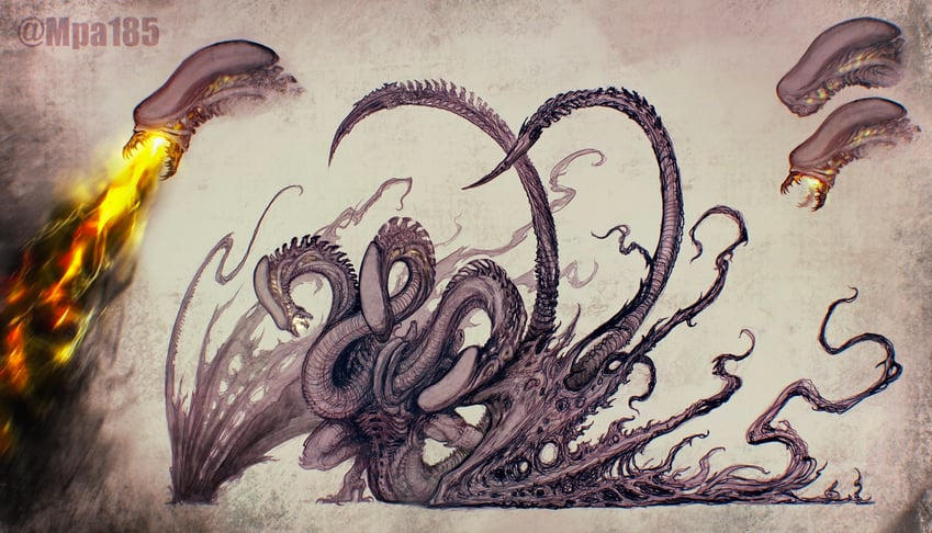 xenomorph and king ghidorah (godzilla and 1 more) drawn by mpa185