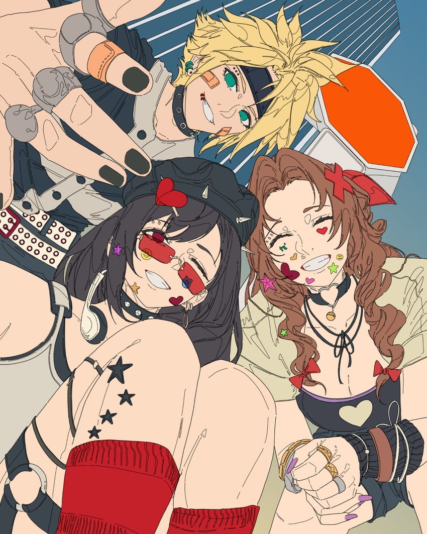 tifa lockhart, cloud strife, and aerith gainsborough (final fantasy and 1 more) drawn by nest_virgo