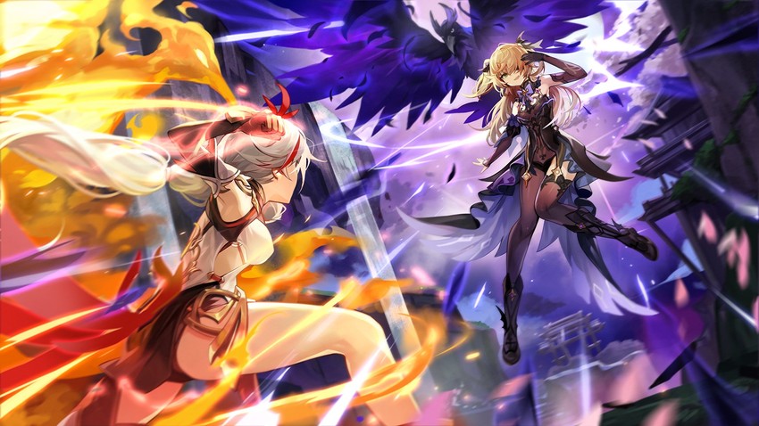 fu hua, fischl, oz, and mace (genshin impact and 3 more) drawn by goomrrat