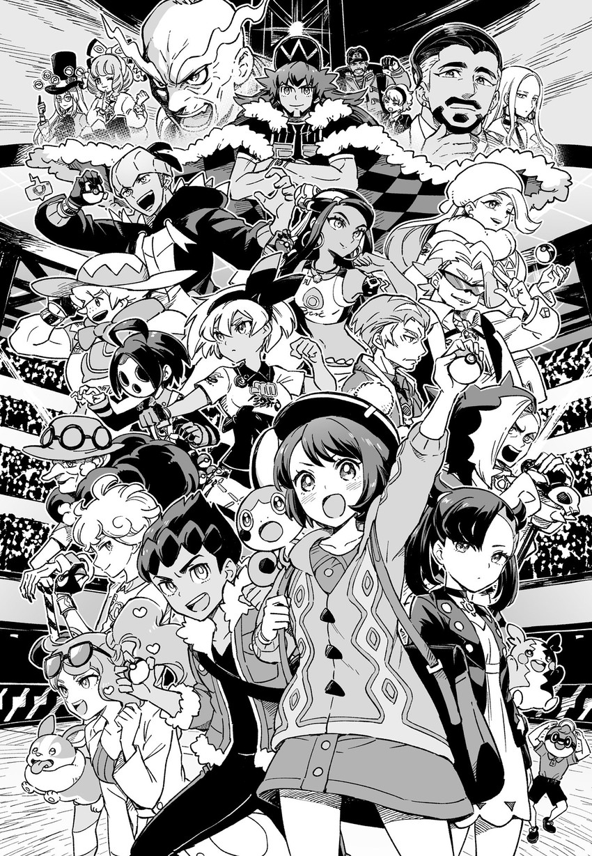 marnie, gloria, leon, raihan, rotom, and 22 more (pokemon and 1 more) drawn by sharumon