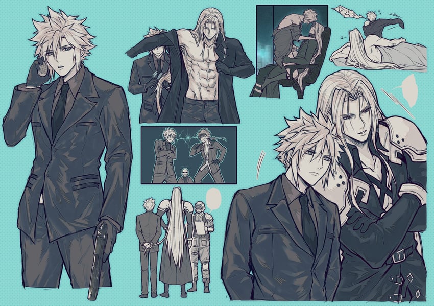 cloud strife, sephiroth, reno, and rude (final fantasy and 1 more) drawn by frogccc333