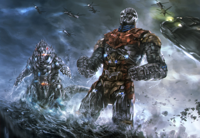 mechagodzilla and jet jaguar (godzilla and 3 more) drawn by mad_(artist)