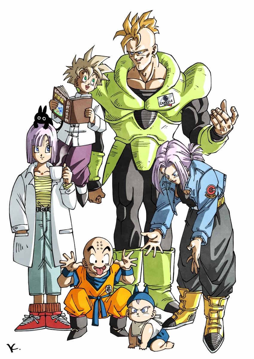 bulma, son gohan, trunks, kuririn, android 16, and 1 more (dragon ball and 1 more) drawn by kakeru_(dbskakeru)