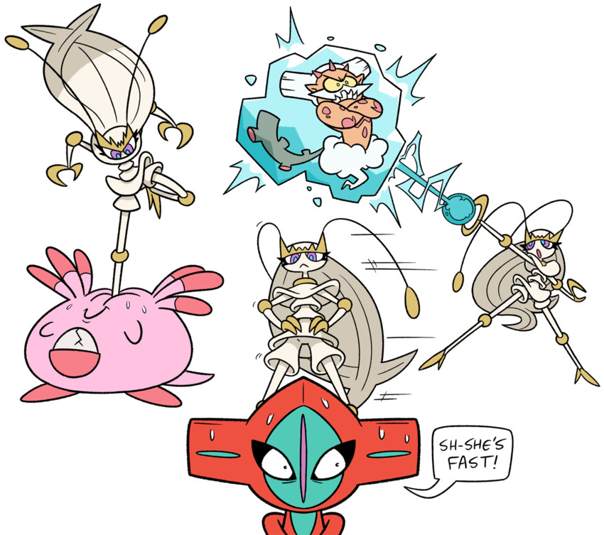 pheromosa, deoxys, chansey, and landorus (pokemon) drawn by shenanimation