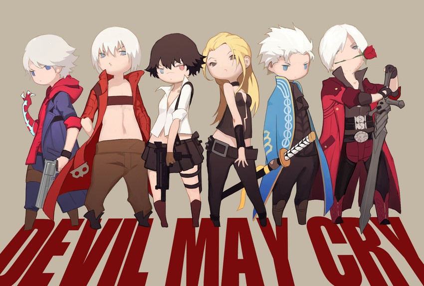 dante, vergil, lady, nero, and trish (devil may cry and 1 more) drawn by akumey