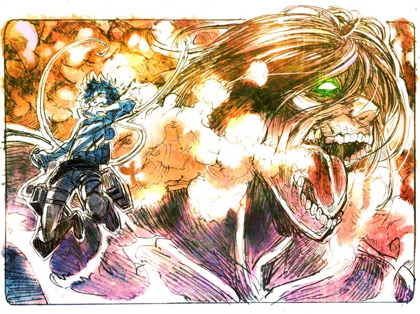 eren yeager, titan, and rogue titan (shingeki no kyojin) drawn by sakino_shingetsu