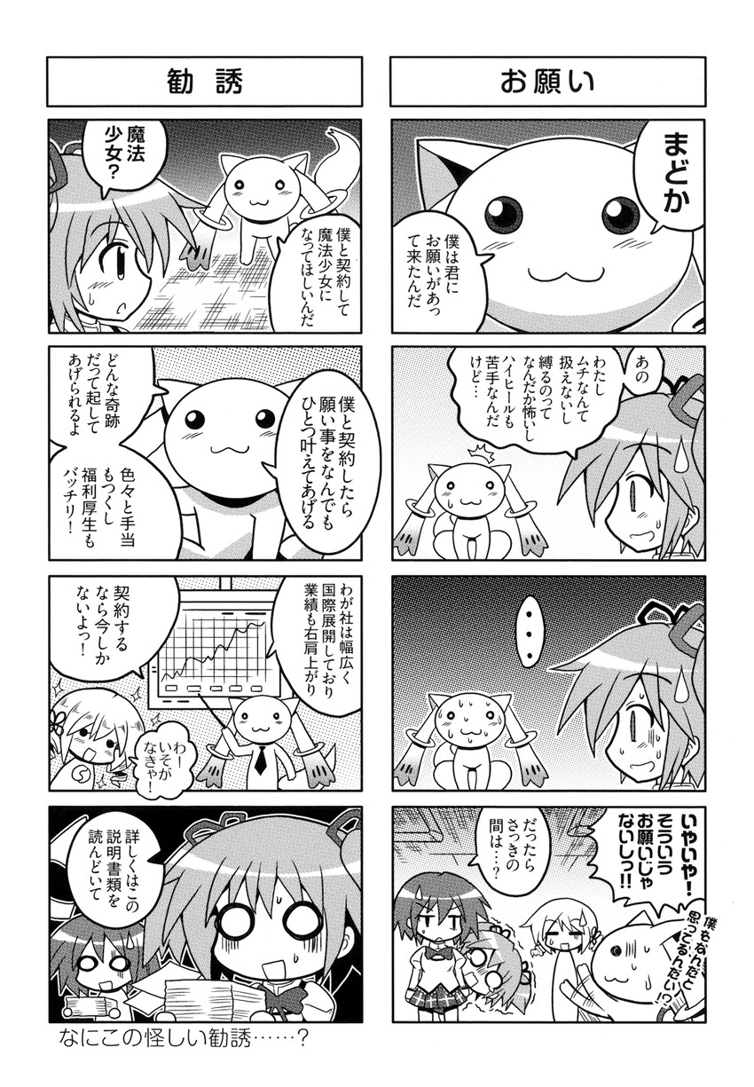 kaname madoka, miki sayaka, tomoe mami, and kyubey (mahou shoujo madoka magica) drawn by colonel_aki