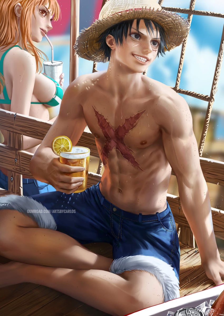 nami and monkey d. luffy (one piece) drawn by artsbycarlos