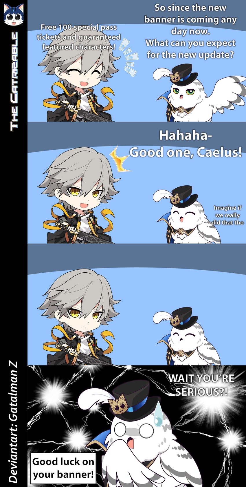 trailblazer, caelus, and owlbert (honkai and 1 more) drawn by gatalmanz