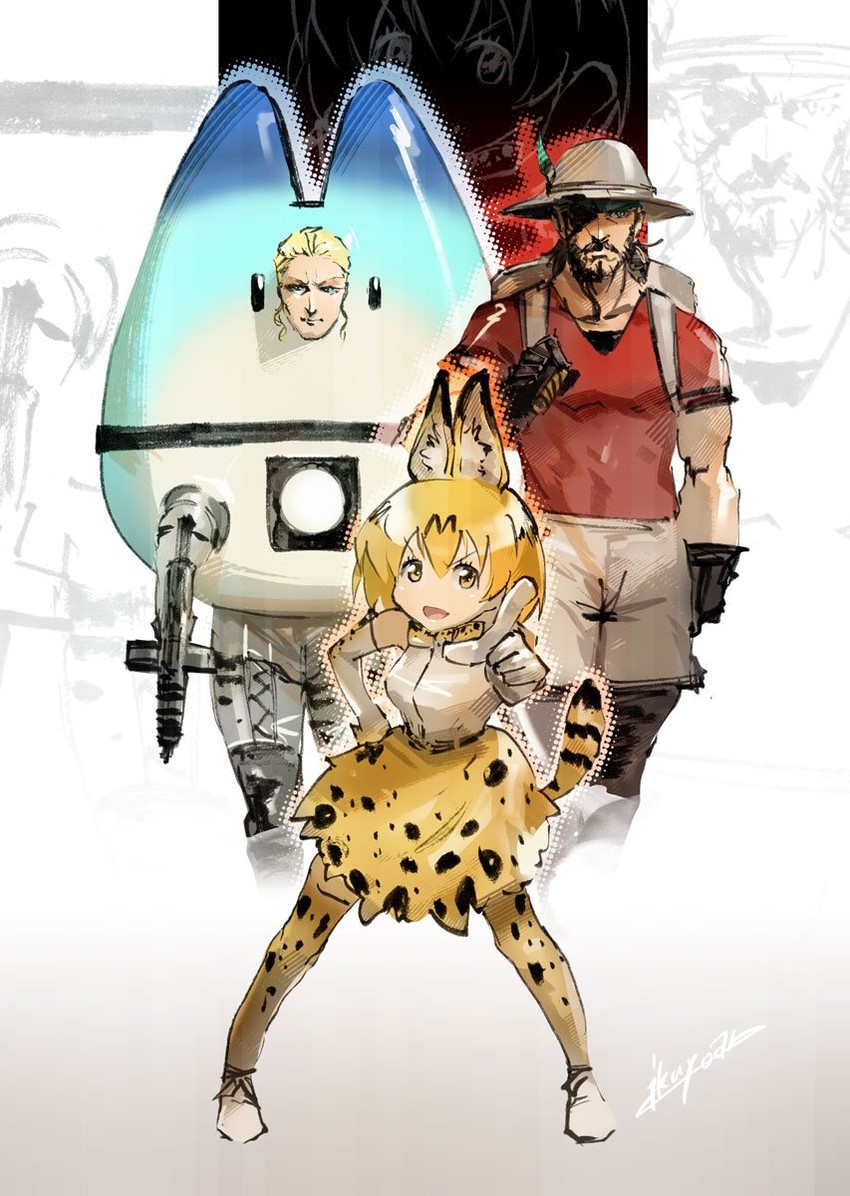 serval, kaban, lucky beast, big boss, and the boss (kemono friends and 2 more) drawn by ikuyoan