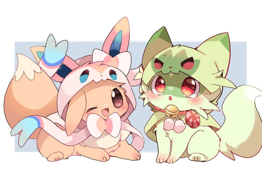 eevee, sylveon, sprigatito, and floragato (pokemon) drawn by yupo_0322