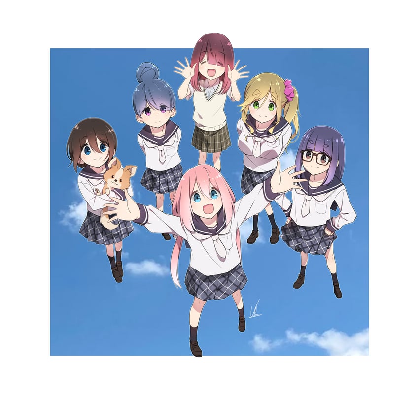 shima rin, kagamihara nadeshiko, inuyama aoi, oogaki chiaki, saitou ena, and 1 more (yurucamp) drawn by yas_(yosiyasuyasu)