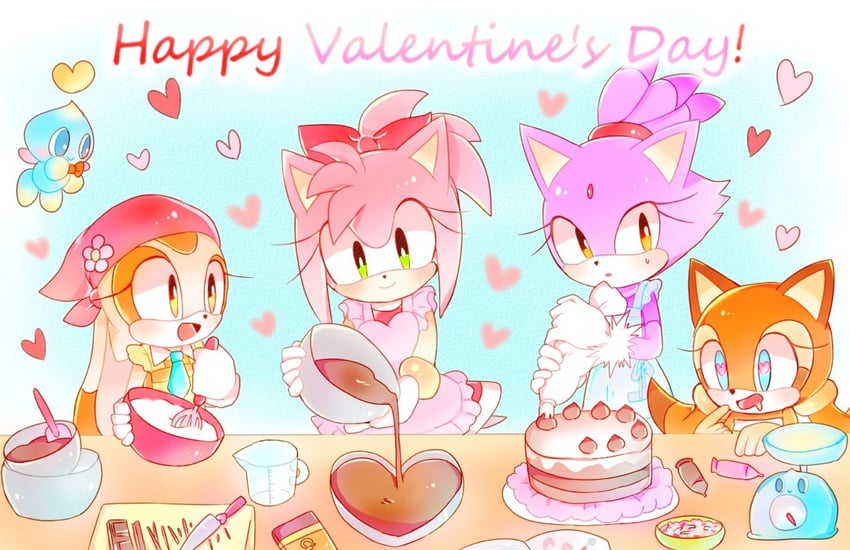 amy rose, blaze the cat, cream the rabbit, neutral chao, cheese, and 1 more (sonic and 1 more) drawn by flowermomo2
