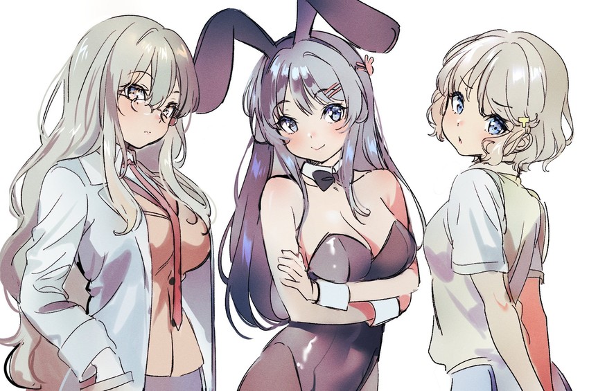 sakurajima mai, futaba rio, and koga tomoe (seishun buta yarou) drawn by mery_(yangmalgage)