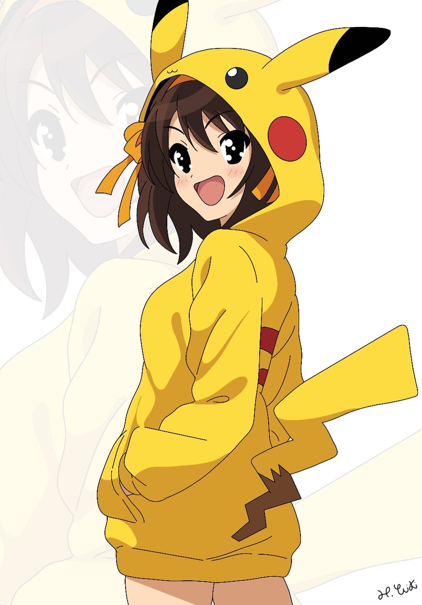 pikachu and suzumiya haruhi (pokemon and 1 more) drawn by yuiyu_ki