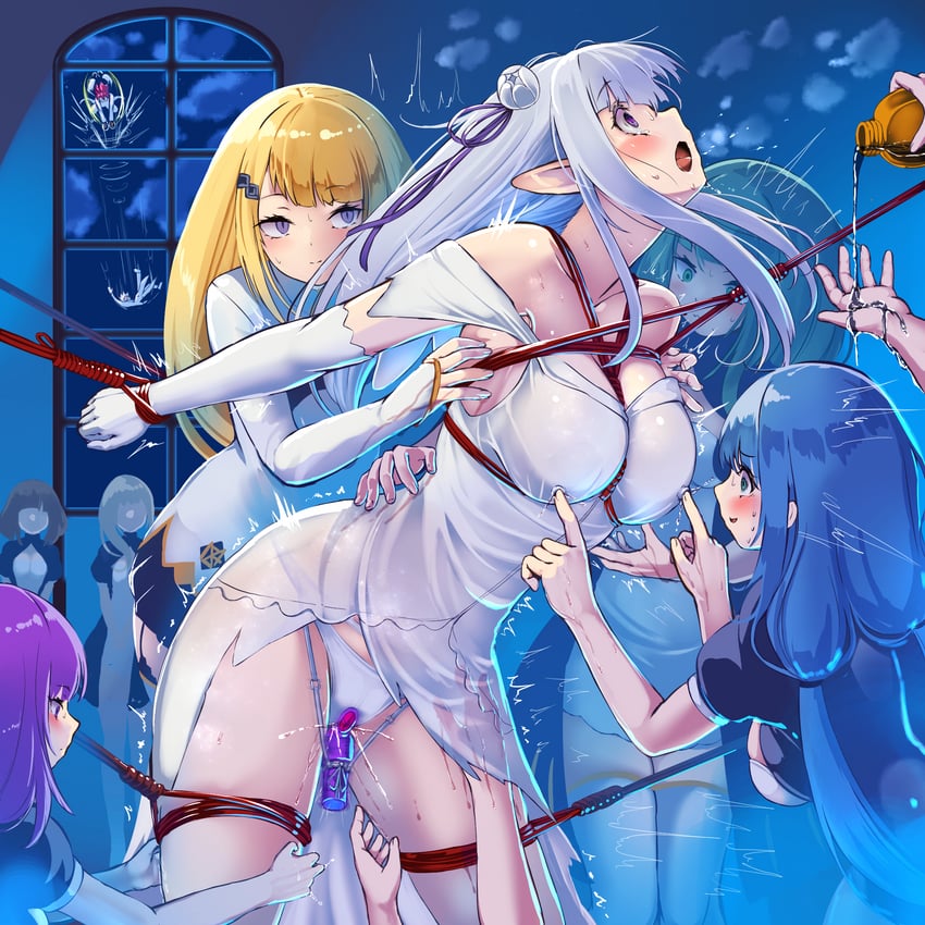 emilia, reinhard van astrea, regulus corneas, and sylphy (re:zero kara hajimeru isekai seikatsu) drawn by monikano