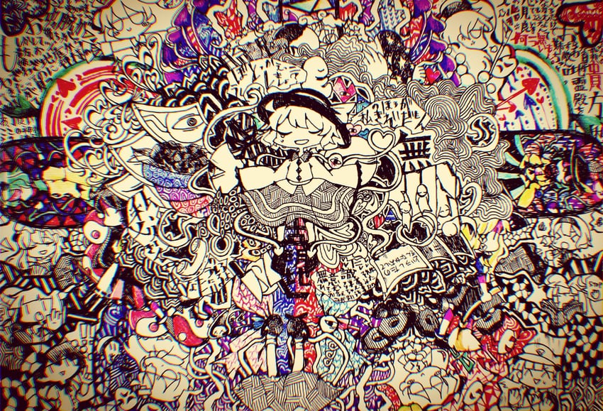hakurei reimu, kirisame marisa, komeiji koishi, alice margatroid, patchouli knowledge, and 6 more (touhou) drawn by bisukyuwi